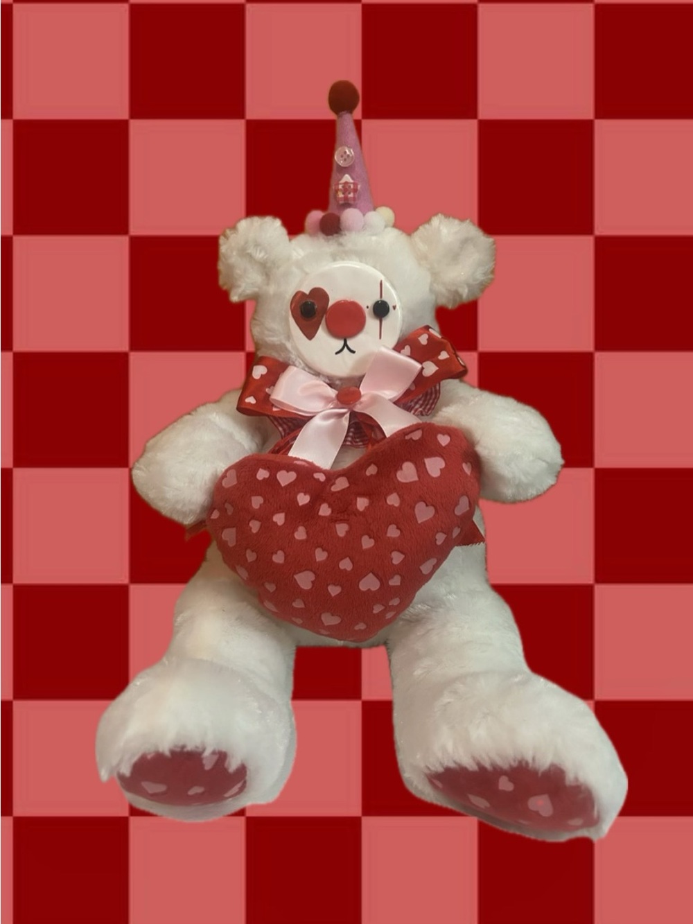 Plush White Valentine Bear with Red Heart Clown